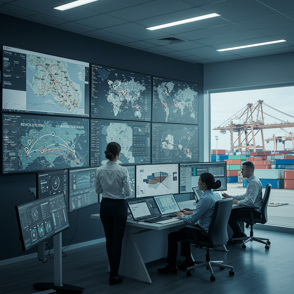 A digital map of Australia on a screen, showing real-time freight tracking with location pins, routes, and data analytics overlays.