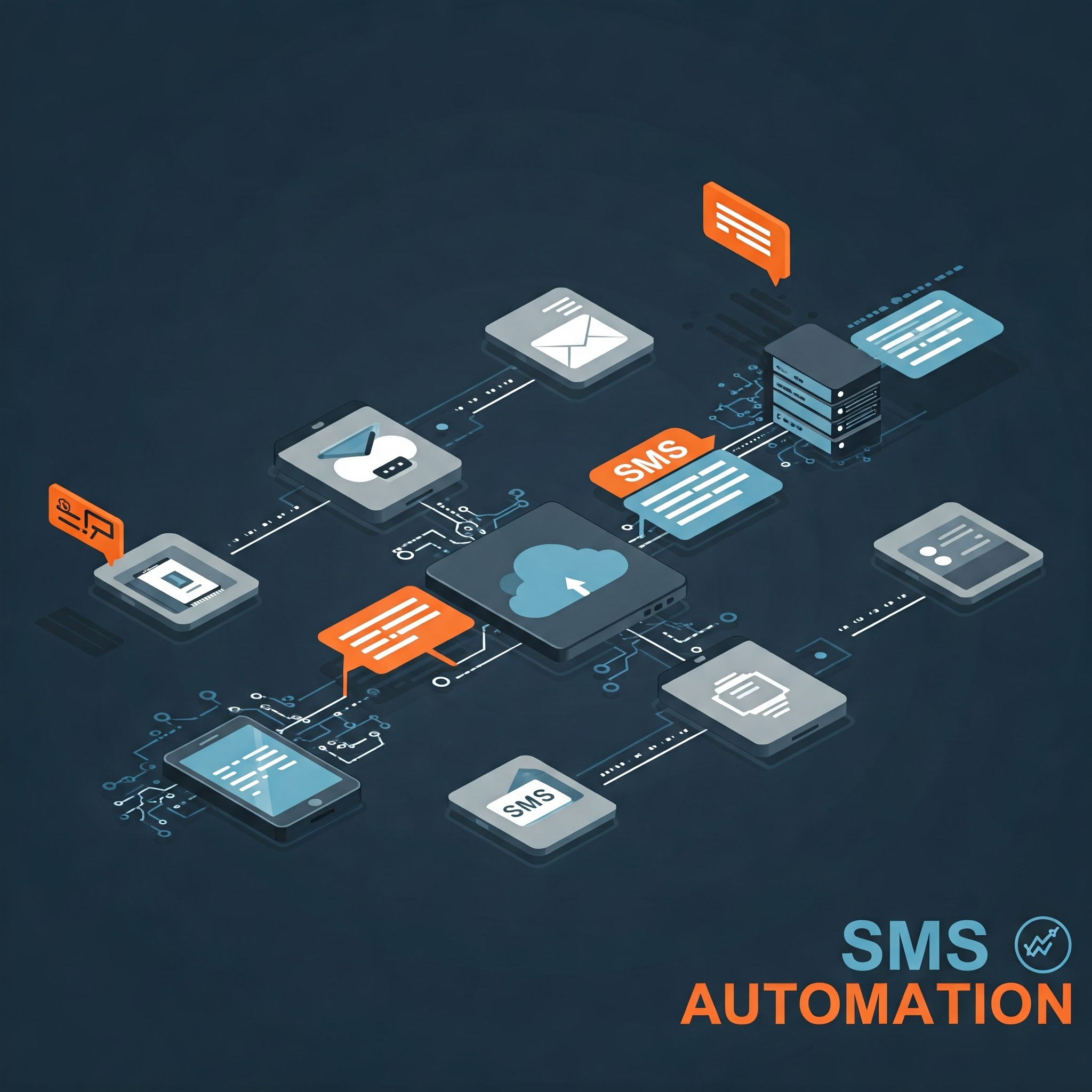 Digital illustration depicting SMS automation. Various interconnected icons representing devices (computer monitor, tablet, smartphone), messages (envelopes, speech bubbles with text), a cloud symbol, and a server are linked by dotted lines, suggesting a flow of information. Text "SMS AUTOMATION" is prominently displayed in the bottom right corner.
