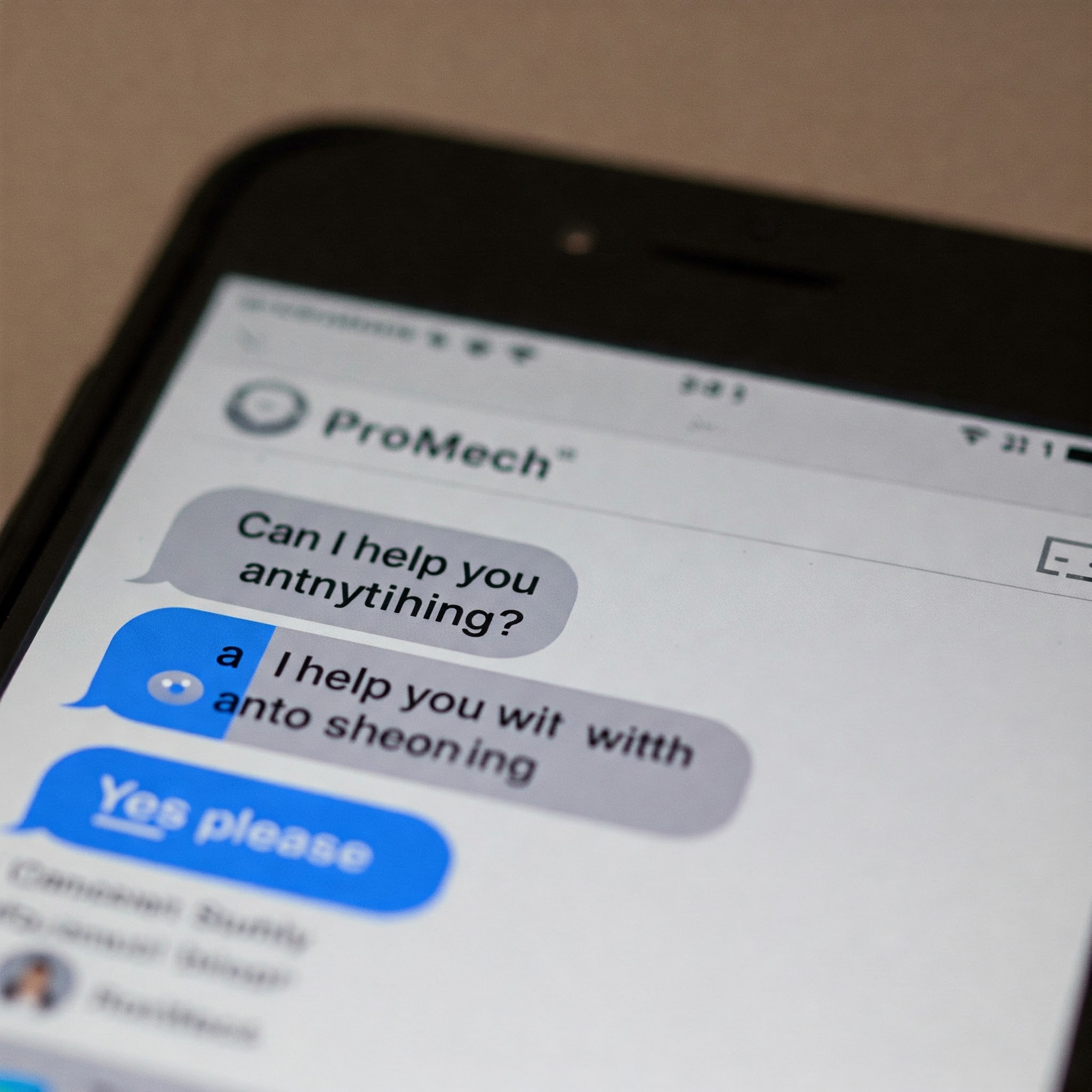A close-up photo of a smartphone screen displaying a text message conversation. The SMS sender ID is "ProMech" . The conversation shows several messages.