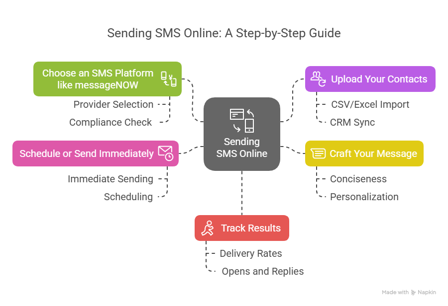 Diagram illustrating the process of sending SMS online, featuring a central square labeled "Sending SMS Online" with icons of a phone and message. Surrounding the center are five colorful boxes, each representing a step: "Choose an SMS Platform like messageNOW," "Upload Your Contacts," "Craft Your Message," "Schedule or Send Immediately," and "Track Results." Dashed lines connect each box to the center, and bullet points provide details for each step.