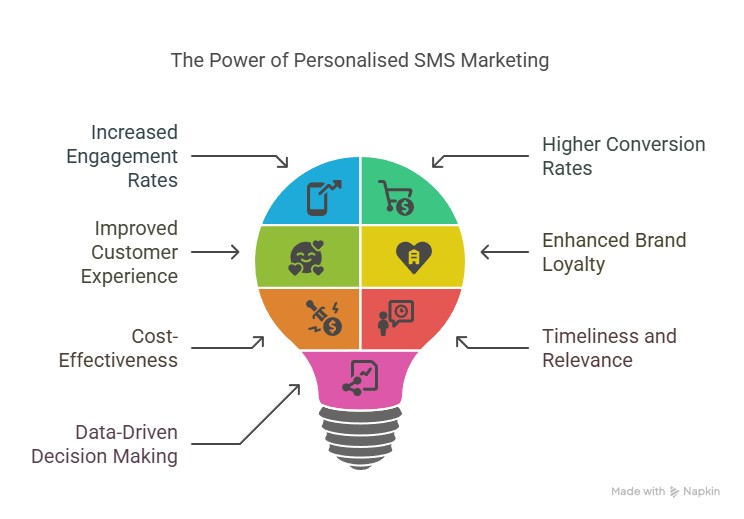 Infographic highlighting the benefits of personalised SMS marketing, including increased engagement, improved customer experience, cost-effectiveness, higher conversions, brand loyalty, and data-driven strategies.